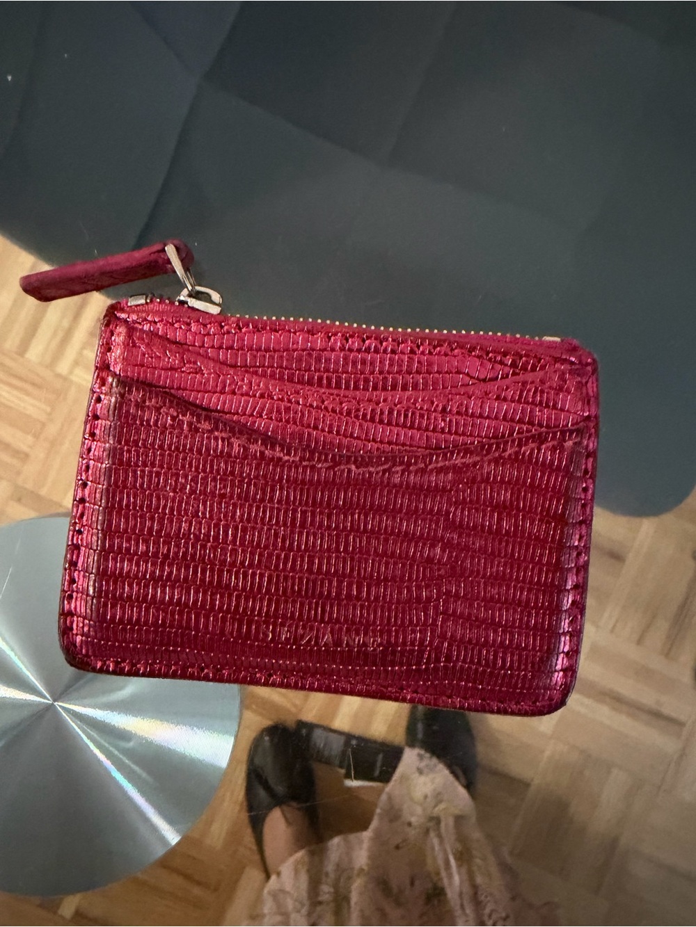 Sézane Metallic Raspberry leather Card Holder Wallet